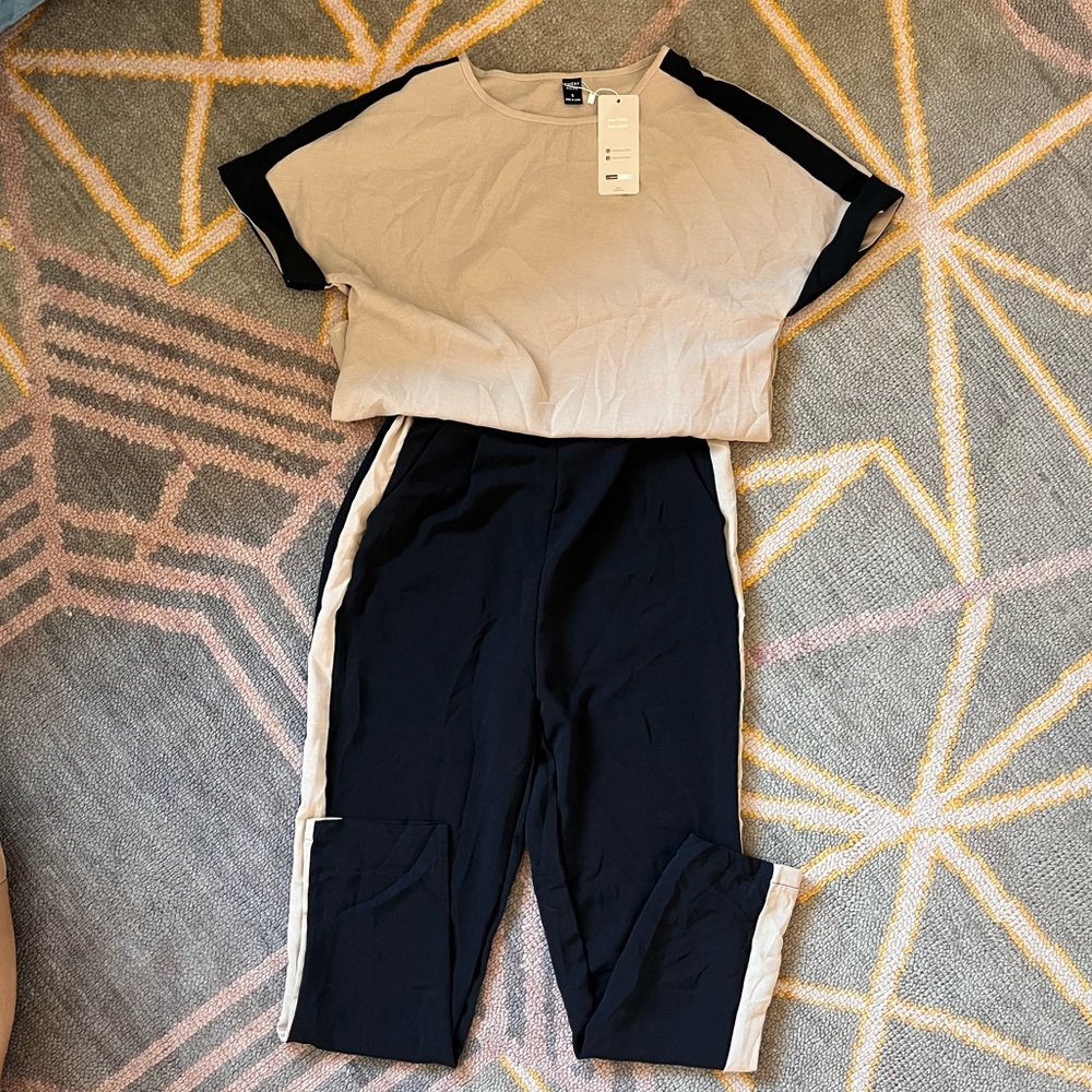Emery Rose - Cream & Black Top And Pant Set - Small